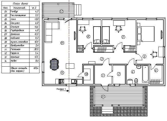 Планировка каркасного дома Пинега (КД-102)