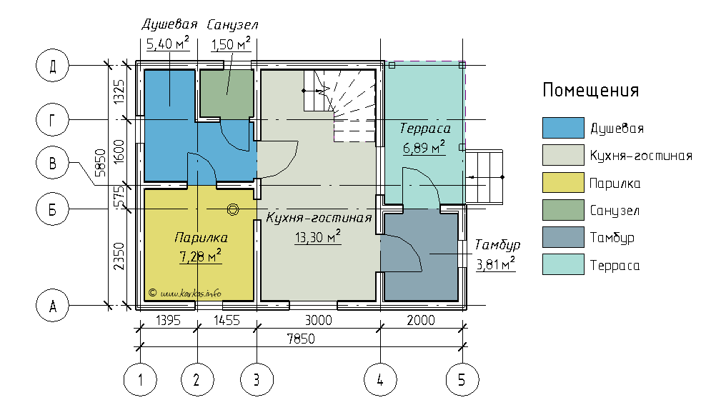 План первого этажа каркасной бани Алтай 61