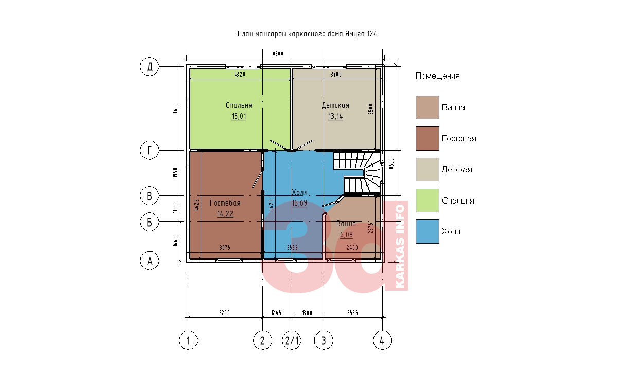 План мансардного этажа каркасного дома Ямуга 124